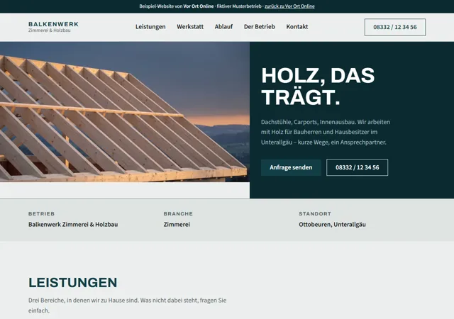 Startseite der Demo Balkenwerk Zimmerei und Holzbau