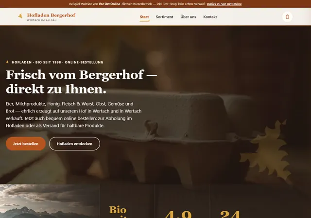 Startseite der Demo Hofladen Bergerhof mit Online-Shop